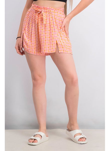 Buy Women Elastic Waist Gingham Bambula Shorts, Orange Combo in Saudi Arabia