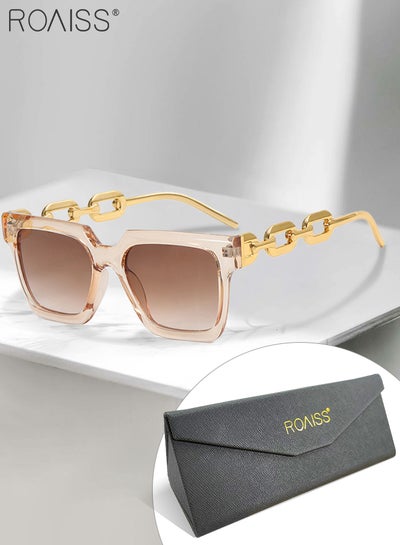 Buy Women's Square Sunglasses, UV400 Protection Sun Glasses with Stylish Gold Chain Temples, Fashion Anti-glare Sun Shades for Women with Glasses Case, 54mm, Champagne Color in UAE