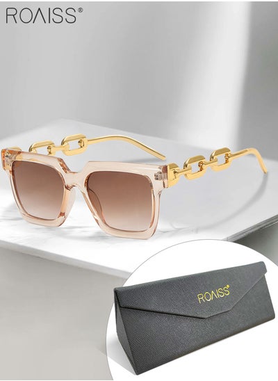 Buy Women's Square Sunglasses, UV400 Protection Sun Glasses with Stylish Gold Chain Temples, Fashion Anti-glare Sun Shades for Women with Glasses Case, 54mm, Champagne Color in Saudi Arabia