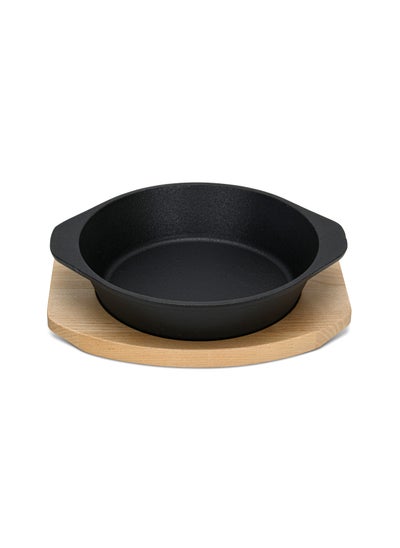 اشتري Cast Iron with Tray 19x4.7cm, Sizzling Plate with Two Side Handles And Wooden Tray, Sizzler, Great For Seafoods, Vegetables And Grill Foods في الامارات