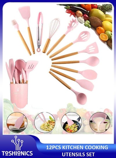 Buy 12 Pcs Silicone Cooking Kitchen Utensil Set Heat Resistant Non Toxic BPA Free Wooden Handles Gadgets Tools Set for Nonstick Cookware in UAE