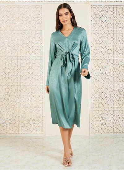 Buy Satin Jacquard Print Front Tie Up A-Line Midi Dress in Saudi Arabia