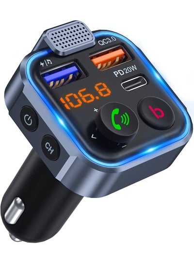 اشتري New Design Car FM Transmitter, Wireless Bluetooth 5.0 Radio Adapter Car Kit, PD3.0 Type C 20W+QC3.0 Car Fast Charger, Hands Free Calling, Bass Lossless Hi-Fi Sound Support U Disk في الامارات