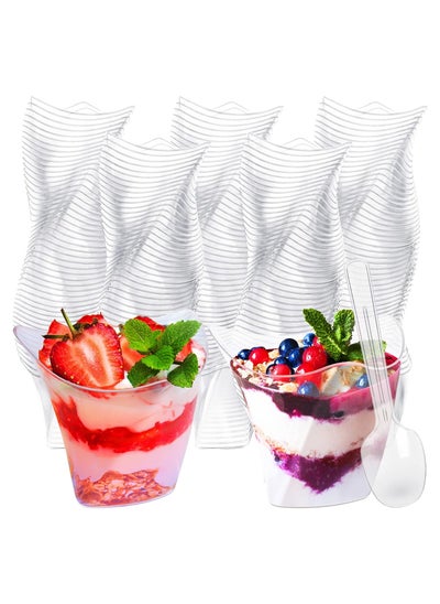 Buy 200PCS Plastic Dessert Cups without Lids, 4.5 oz Mini Clear Dessert Cups with Spoons, Disposable Trifle Mousse Dessert Cup, Triangular Parfait Appetizers Tumbler Pudding Fruit Serve Cup, for Party in Saudi Arabia