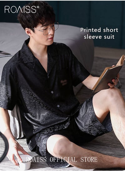 Buy Men 2 Piece Loungewear Set   Short Sleeves & Shorts Ice Silk Pajamas   Comfortable Skin Friendly Fabric Ideal for Home & Outdoor Wear in UAE