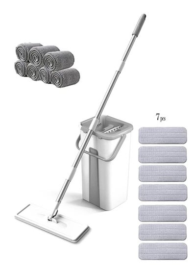 Buy Microfiber Floor Mop Set with Bucket and 7 Reusable Mop Pads with Soft Lining for Wiping Dust on Wood and Wet and Dry Floors in Saudi Arabia