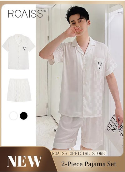 اشتري 2-Piece Set Men's Short Sleeves Pajamas Pants Sleepwear Sets Satin Grid Printing Silk Nightgown Male Loose Shirts Spring Summer Thin Loungewear Home Clothes White في الامارات