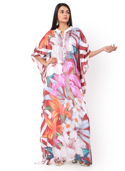 Buy CLASSY PRINTED LONG VISCOSE ELEGANT EMBROIDERED ARABIC KAFTAN JALABIYA DRESS in Saudi Arabia