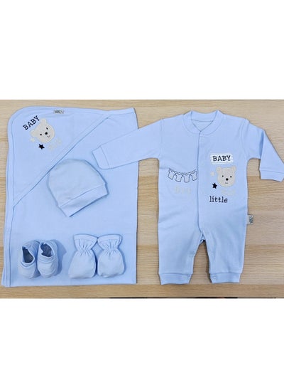 Buy Summer set for a newborn in the hospital, consisting of five pieces in a box, bear model, blue color in Egypt
