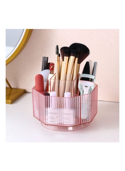 اشتري Rotating Makeup Brush Holder, 360° Cosmetic Display Case Clear Makeup Lip Gloss Organizer Case with 5 Slots Round Turntable Storage Tray for Vanity, Bathroom, Counter Organizer Clear Pink في السعودية