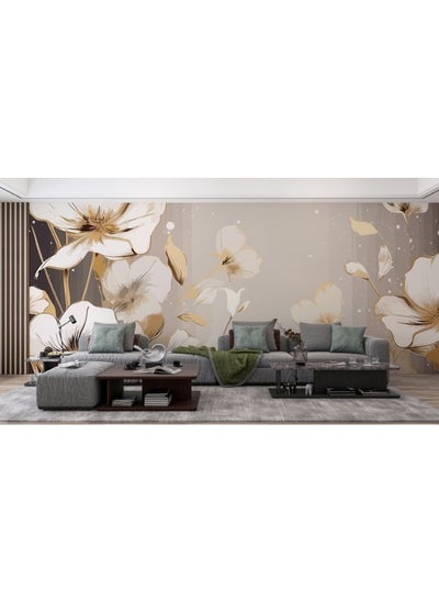 اشتري White Flowers Watercolor Background Fabric Wallpaper Covers An Area ​​Up To 4.2Mx3M With Adhesive And Smoothing Tool في مصر