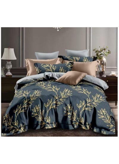 Buy Comfy Beddings Comforter Set 6Pcs King Size  200*210 cm Blue And Golden Brown Floral in UAE