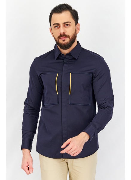 اشتري Men Boxy Fit Embroidered Long Sleeves Casual Shirt, Navy في الامارات