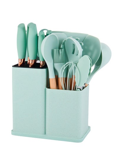 Buy 19-Pieces Kitchen Utensil Sets Silicone Gel Tools with Wooden Handle Cooking Utensils Set Non-Stick Cooking Tools with Holder for Easy Storage for Home Kitchen in UAE