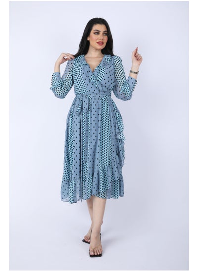 Buy Dot chiffon midi wrap dress with long sleeves and a belt on waist, Cyan in Saudi Arabia