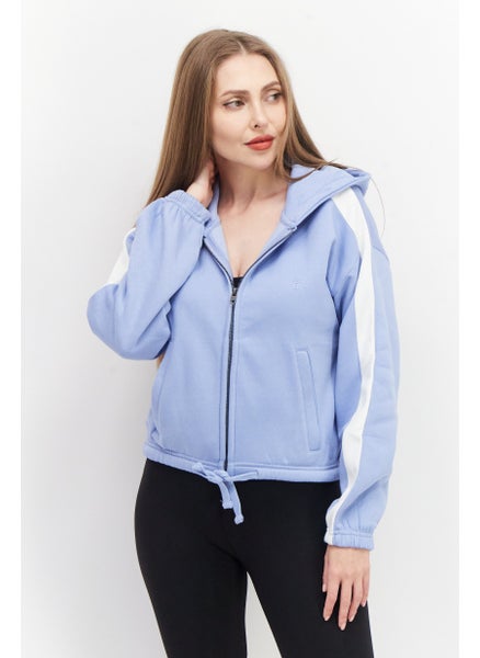 اشتري Women Hooded Long Sleeve Full Zip Brand Logo Sweatshirt, Light Blue/White في السعودية