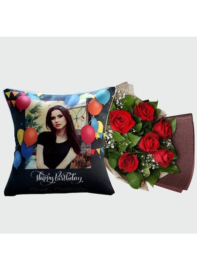 Buy Red Rose Bouquet And Personalised Cushion in UAE