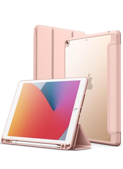 Buy Matte Case for iPad 9/8/7 (10.2-Inch, 2021/2020/2019 Model, 9th/8th/7th Generation) with Pencil Holder, Frosted Translucent Back Slim Stand Protective Tablet Cover Pink in Egypt