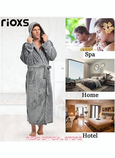 اشتري Men's Hooded Fleece Robe Plush Collar Bath Towel Shawl Soft Long Bathrobe Warm Flannel House Robe Fleece Spa Robes Loungewear في السعودية