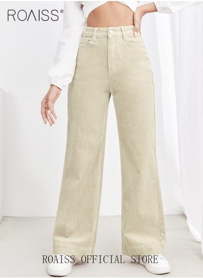 اشتري High Waist Wide Leg Pants for Women Pure Cotton Corduroy Soft Elastic Trousers Ladies Mom's Slant Pocket Long Pants Casual Plain New Arrival Trendy Straight Baggy في الامارات