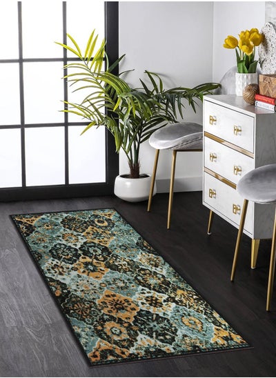 اشتري Polyester Rug Runner Ethnic Grunge Pattern Anti Skid, Stain Resistant Indoor Area Rug Runner 625 x 1525 cm size With Latex Backing, Teal and Mustard في الامارات