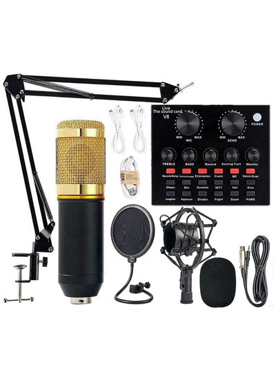 Buy Professional Condenser Microphone With V8S Live Sound Card And Studio Recording Broadcasting Set Black/Gold in UAE