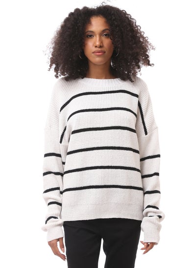 اشتري Off-White Knitted Pullover with Black Stripes في مصر