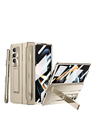 Buy For Samsung Galaxy Z Fold 4 Case with S Pen & Pen Holder, One-Piece Design Z Fold 4 Case with Hinge Protection Built-in Screen Protector Kickstand All-Inclusive Slim PC Case for Z Fold 4 - Gold in UAE