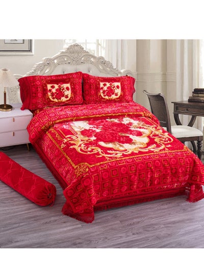 Buy Blanket Set of 5 Pieces 220 x 240CM 2 Ply Premium Blanket With Bedspread Pillowcase And Neck Roll in UAE