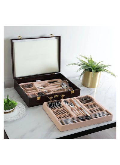 اشتري Brinkley 72 Piece Cutlery Set With Leather Case Serves 12 Stainless Steel 201 Modern Houseware Gold 812000600507 في الامارات