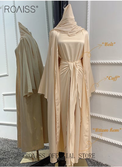 Buy 3 Pcs of Women's Clothes Set Solid Color Abaya for Women Ramadan Eid al-Adha Gift for Laides Wife Mother Cardigan Robe and Satin Dress and Waist Scarf in Saudi Arabia