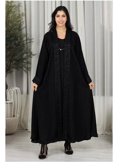 Buy Black abaya featuring floral fabric at the collar and sleeves in Saudi Arabia