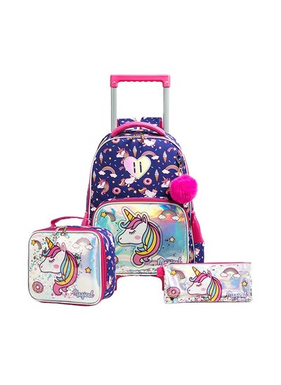 Buy Set Of 3 16 Inches Trolley School Bag, Lunch Bag And Pencil Case - Unicorn Chrome - Blue in UAE