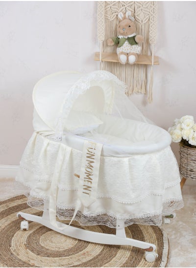 Buy Baby crib Moses iron basket sugar color decorated with luxurious lace for newborns with wooden stand with wheels white color in Saudi Arabia