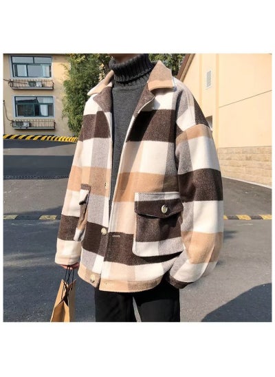 Buy Thick Plaid Woolen Coat Men Autumn Winter Casual British Style Khaki in UAE