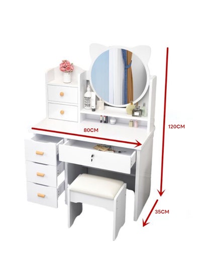 Buy Bedroom Home Dresser LED Makeup Mirror, Multi-Drawer Storage Cabinet Dresser with Dressing Stool (USB Interface) 80*35*120CM in Saudi Arabia