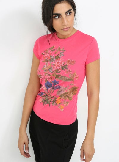 Buy Floral Half Sleeve T-Shirt Pink/Green in Saudi Arabia