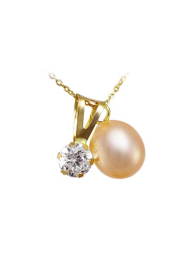 Buy 18k Solid Gold 7mm Pearl And CZ Solitaire Pendants Necklace in UAE