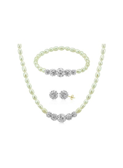 Buy Set of 3 10 Karat Gold Gradual Crystal Balls And Pearls Beads Earrings, Necklace and Bracelet in UAE