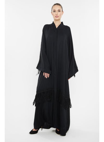 Buy Woven Lace Detailing Abaya Black in UAE