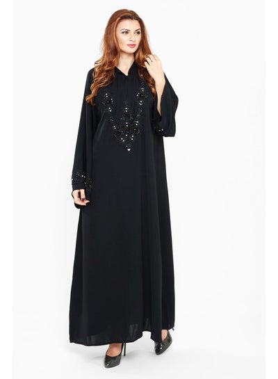 اشتري Shimmer Abaya With Sequin Lace Detailing By The Neckline And Sleeves أسود في الامارات