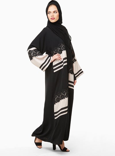 Buy Striped lace detailing Abaya Black/Cream in UAE