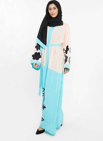 Buy Floral Embossment Abaya Cream/Blue in UAE