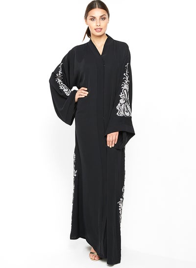 اشتري Rich And Abaya With Beaded Floral Embroidery Detailing أسود في الامارات