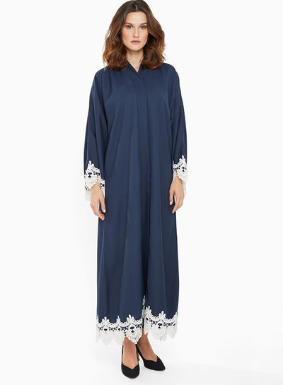 Buy Casual Abaya With Embellished Lace Work Along Sleeves Blue in UAE