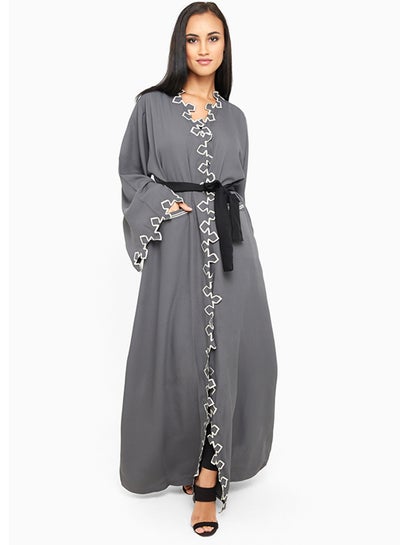 Buy Wrap Style Embroidered Detailing Abaya Grey in UAE