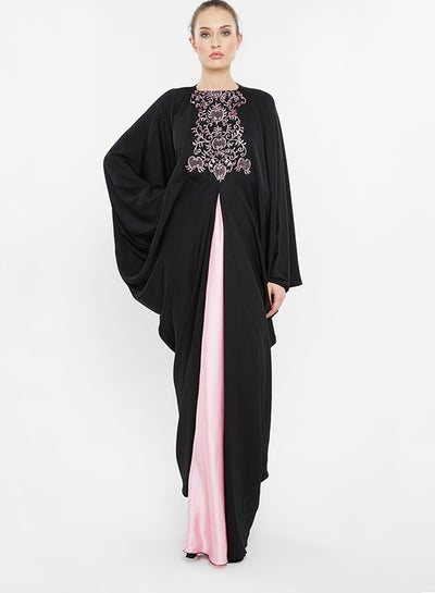 Buy Floral Embroidery Batwing Style Abaya Black/Pink in UAE