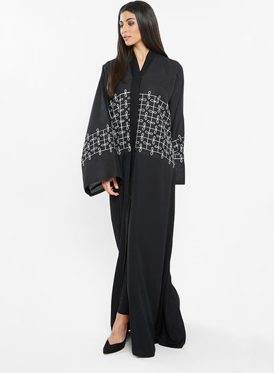 Buy Casual Abaya With Knitted Embroidery On The Top Half Black in UAE