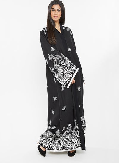 اشتري Trendy And Leafy Self Printed Abaya أسود/أبيض في الامارات