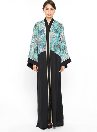 Buy Abaya With Detail On The Upper Half With A Stripe By The Closing And Sleeves Blue/Black in UAE